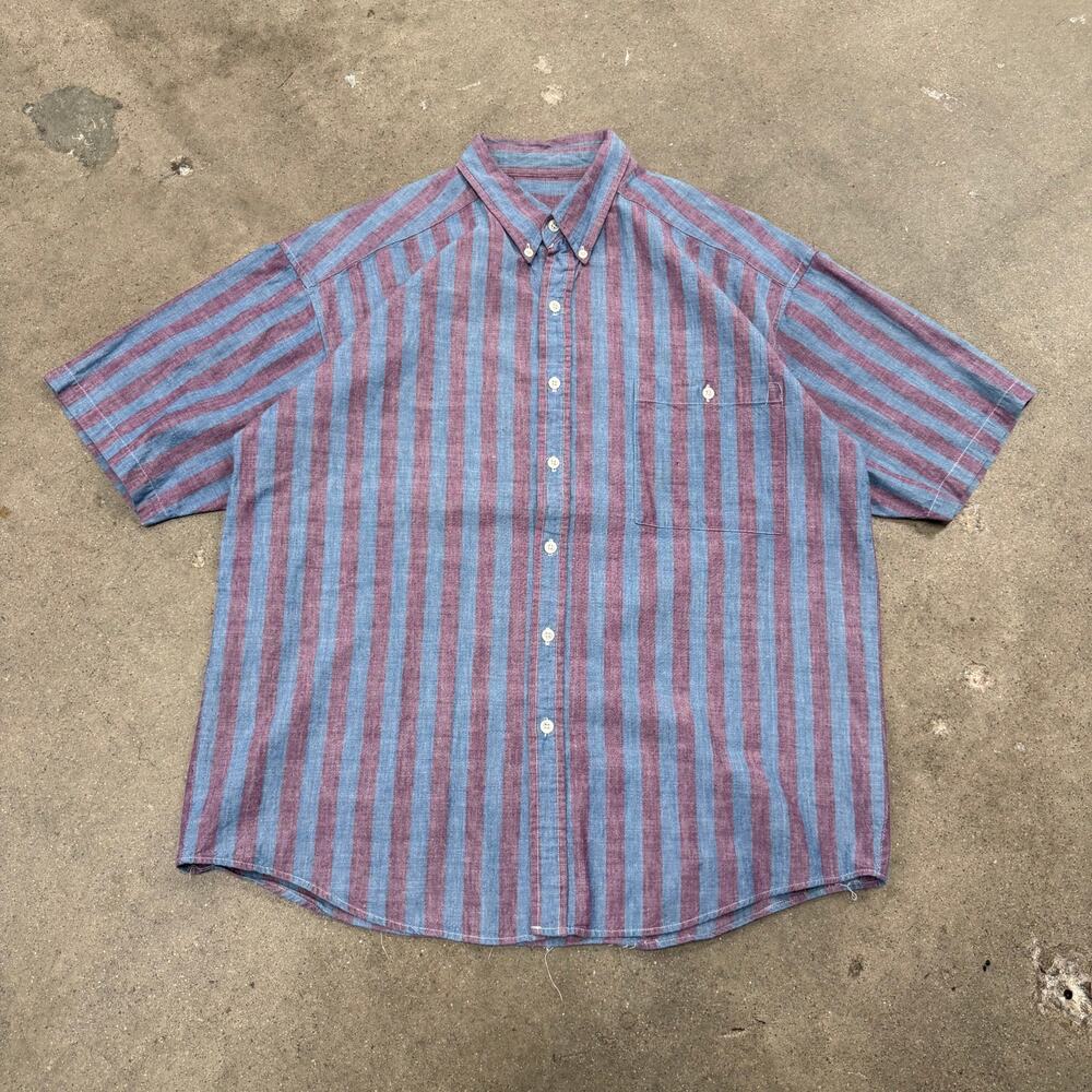 Vintage 90s Chambray Striped Button Down Short Sleeve Shirt Collared Blue Large